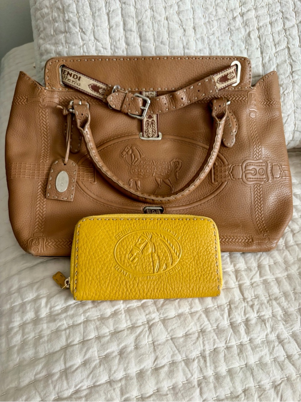 Fendi Selleria Borghese Tan Leather Horse satchel handbag + wallet bundle